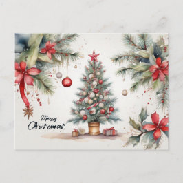 Cartão Postal De Festividades Linda Aquarela Decorada Árvore de Natal