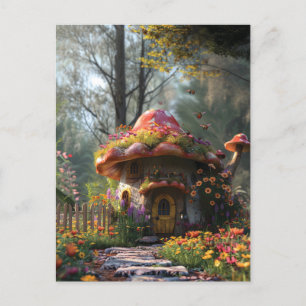 Cartão Postal De Festividades Linda casa de cogumelo colorida