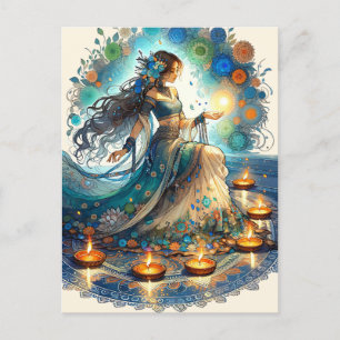 Cartão Postal De Festividades Linda Mulher Diwali e Rangoli