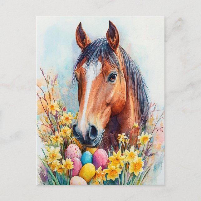 Cartão Postal De Festividades Linda Páscoa de Cavalo de Aquarela Desejos (Frente)
