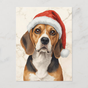 Cartão Postal De Festividades Lindo Beagle com Chapéu de Papai Noel em Aquarela