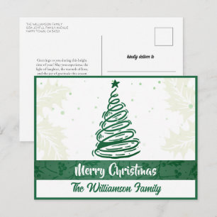 Cartão Postal De Festividades Linhas Curvas Árvore de Natal Holly Leaf Green Whi