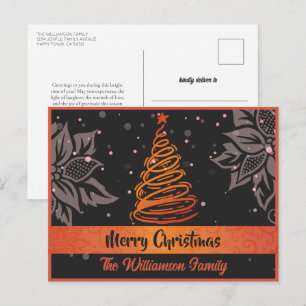 Cartão Postal De Festividades Linhas Curvas Árvore de Natal Poinsettia Vermelha
