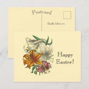 Cartão Postal De Festividades Lírios Botânicos Antigos Feliz Páscoa Floral
