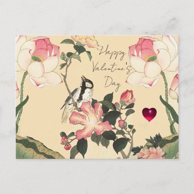 Cartão Postal De Festividades LITTLE BIRD,PINK ROSES,LOTUS FLOWER Valentine Day (Frente)