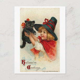 Cartão Postal De Festividades Little Girl with Black Kitten