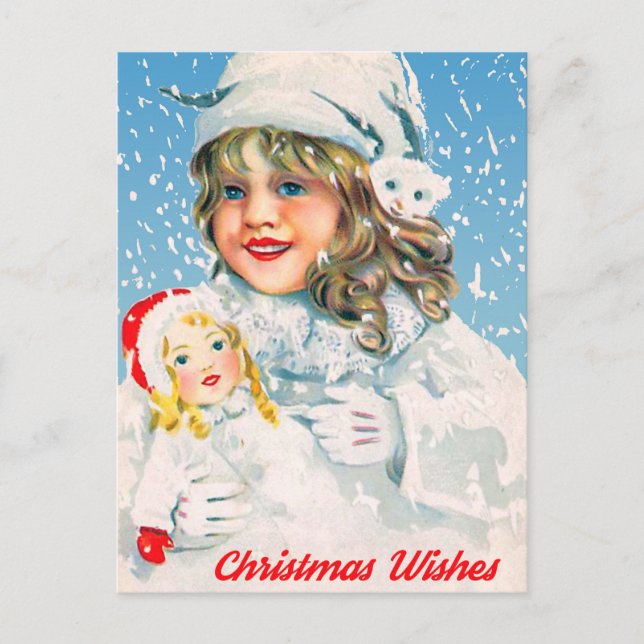 Cartão Postal De Festividades Little Girl with Doll Wish You a Merry Christmas (Frente)