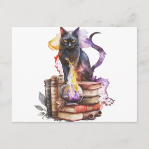 Cartão Postal De Festividades Livros de Feitiços Poções Gato Preto Halloween
