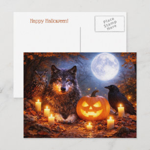 Cartão Postal De Festividades Lobo Coruja Corvo Feliz Halloween 
