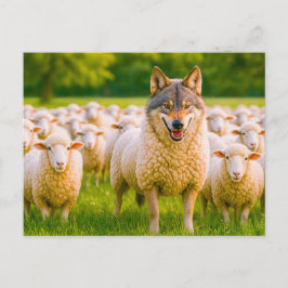 Cartão Postal De Festividades Lobo disfarçado entre ovelhas em campo