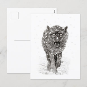 Cartão Postal De Festividades Lobo Negro Zangado na Neve, inverno selvagem