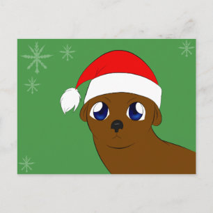 Cartão Postal De Festividades lontra com chapéu de Natal