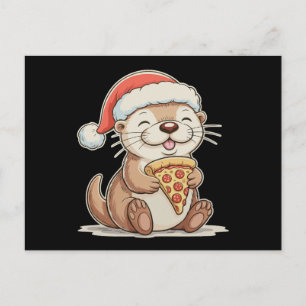 Cartão Postal De Festividades Lontra Fofa de Natal Comendo Pizza Gorro do Papai 