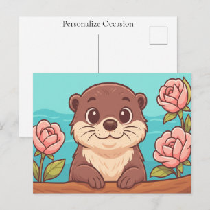 Cartão Postal De Festividades Lontra Fofa em Desenho Animado com Rosas e Cena de