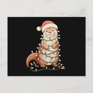Cartão Postal De Festividades Lontra Natal Animal Luzes de Natal Chapéu do Papai