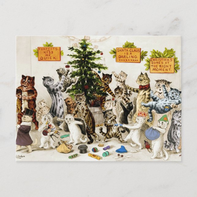Cartão Postal De Festividades Louis Wain Cats Christmas Tree Decorating Party (Frente)