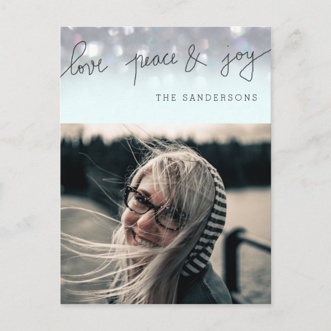 Cartão Postal De Festividades Love Peace and Joy Bokeh Script Modern Photo (Frente)