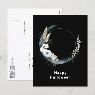 Cartão Postal De Festividades Lua do Crescente Azul com Flores Brancas