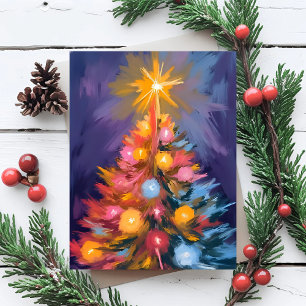 Cartão Postal De Festividades Luzes Coloridas de Árvore de Natal Aquarela