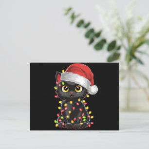 Cartão Postal De Festividades Luzes de árvore de Natal de gato preto, kitten eng