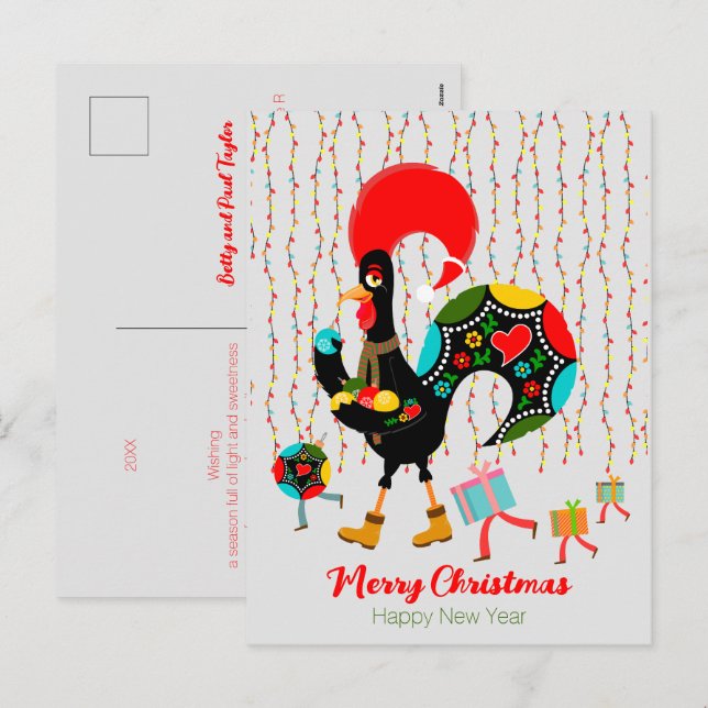 Cartão Postal De Festividades Luzes de Natal, baubles, presentes e galos (Frente/Verso)