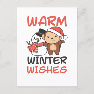 Cartão Postal De Festividades Macaco Desejos Quentes de Inverno Boneco de Neve