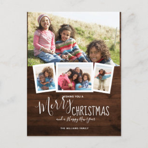 Cartão Postal De Festividades Madeira Rústica 4 Colagem de Fotos Feliz Natal