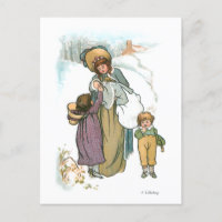 Mãe e Crianças Vintage na Neve