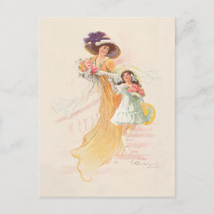 Cartão Postal De Festividades Mãe e Filha Vitorianas Elegantes nas Férias