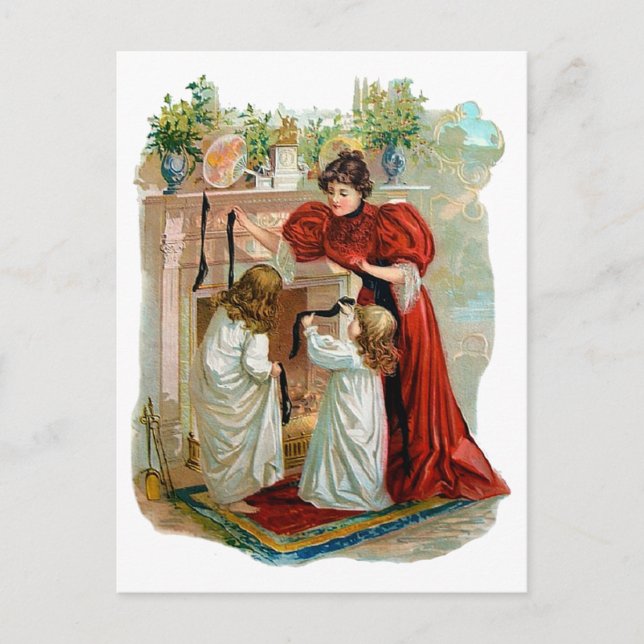 Cartão Postal De Festividades Mãe e Filhas na Noite Antes do Natal (Frente)