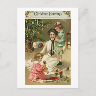 Cartão Postal De Festividades Mãe, Meninas e Brinquedos no Natal