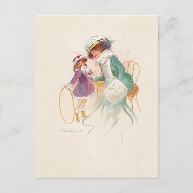 Cartão Postal De Festividades Mãe Vitoriana bonito em Ermine com Filha (Frente)