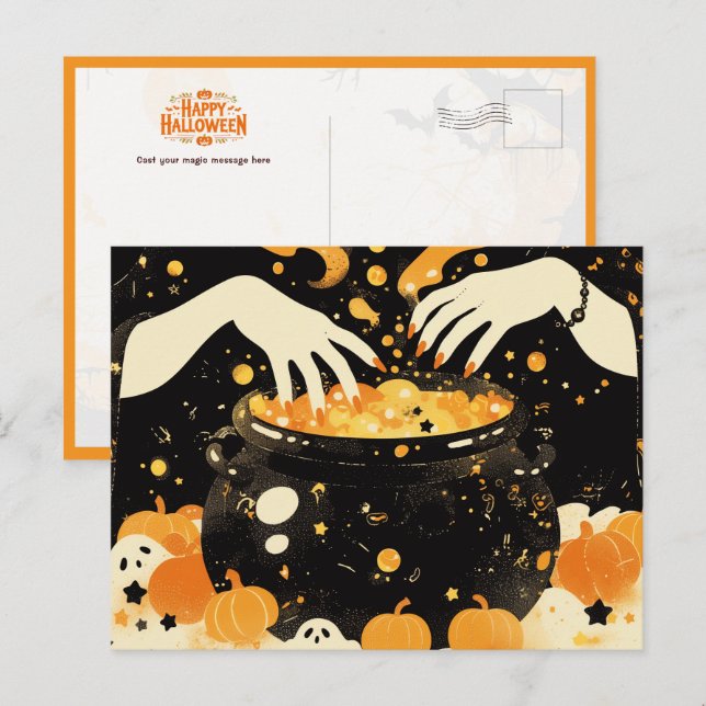 Cartão Postal De Festividades Magia de Criação de Bruxas no Halloween Cauldron (Frente/Verso)