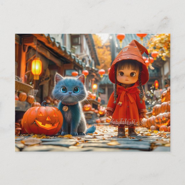 Cartão Postal De Festividades Magia de Halloween com Abóboras e Gato (Frente)