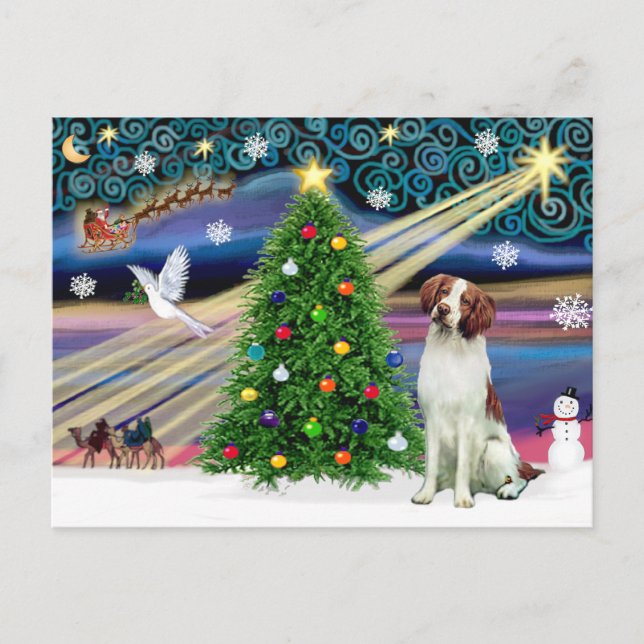 Cartão Postal De Festividades Mágica de Natal Brittany Spaniel (Frente)