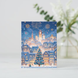 Cartão Postal De Festividades Magical Christmas City Fireworks Night