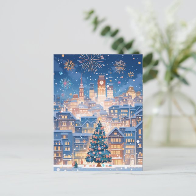 Cartão Postal De Festividades Magical Christmas City Fireworks Night (Em pé/Frente)