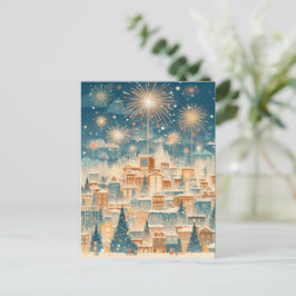 Cartão Postal De Festividades Magical Christmas City Fireworks Night