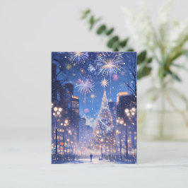 Cartão Postal De Festividades Magical Christmas City Fireworks Night