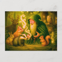Cartão Postal De Festividades Mago da floresta falando com animais em óleo