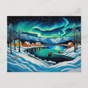 Cartão Postal De Festividades Maiestosa Aurora Borealis Sobre O Fjoro De Inverno