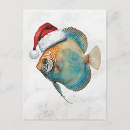 Cartão Postal De Festividades Majestic Discus Fish in Santa Hat Watercolor