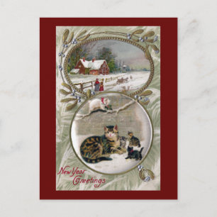 Cartão Postal De Festividades Mamãe Cat e Kittens Vintage Ano Novo
