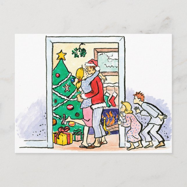 Cartão Postal De Festividades Mamães Retro Kissing Papai Noel (Frente)