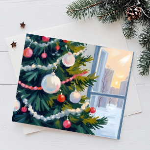 Cartão Postal De Festividades Manhã de Natal   Enfeites de Árvore em Aquarela