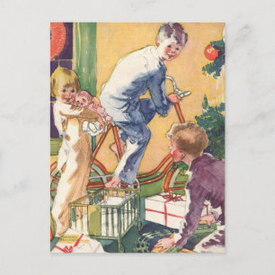 Cartão Postal De Festividades Manhã dos natais vintages, Crianças com Presente