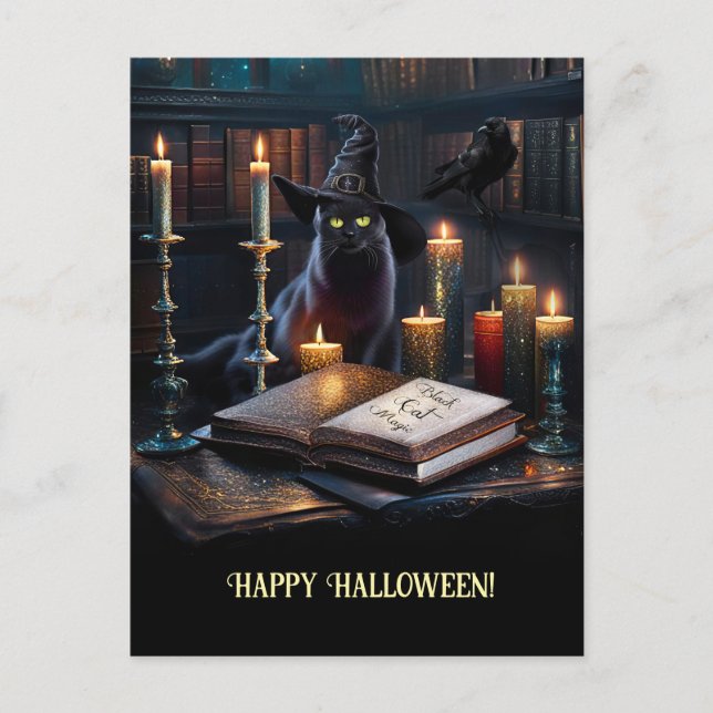 Cartão Postal De Festividades Manuais de Gatos Mágicos das Halloween Raven (Frente)