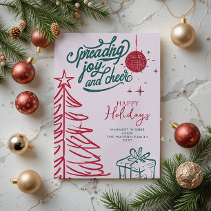 Cartão Postal De Festividades Mão Desenhada Dodle Vermelho Verde Rosa Natal
