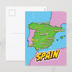 Cartão Postal De Festividades Mapa da Espanha ilustrado em Pop Art