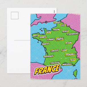 Cartão Postal De Festividades Mapa de pop Art Ilustrado da França